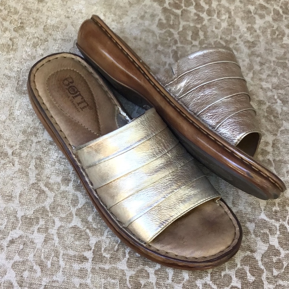 Born Iridescent Gold Leather Slide Sandals Sz 10 - Picture 3 of 7